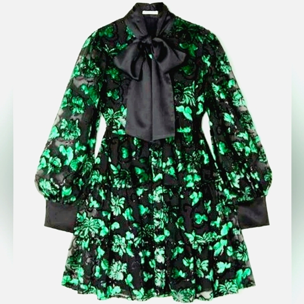 alice + olivia ROWEN Chic Embellished Tie-Neck Mini Dress XL Black and Green